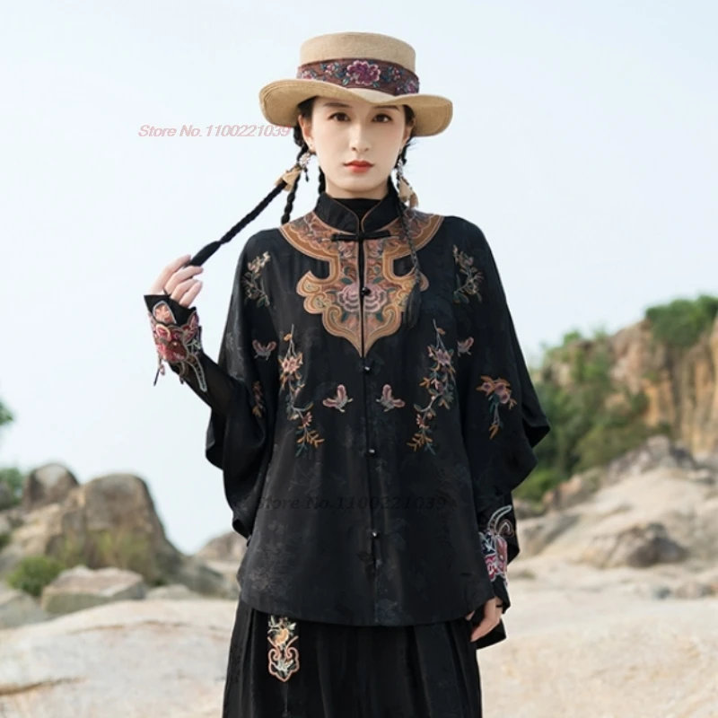 2024 chinese vintage coat traditional flower embroidery satin jacquard folk jacket oriental hanfu tops retro shawl cloak coat