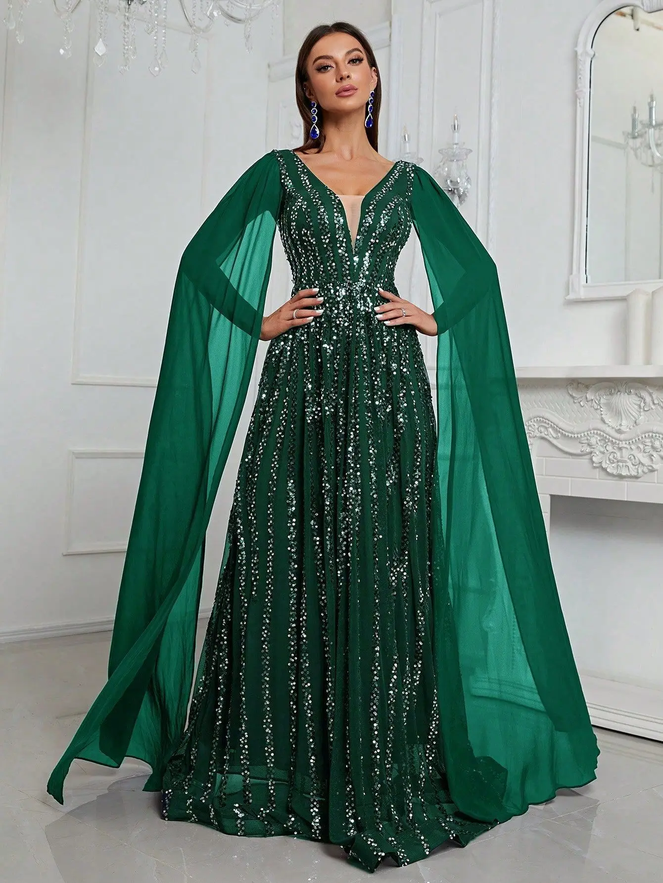 LZPOVE Luxury Evening Dresses for Women 2024 V Neck With Jacket Sequined A-line Formal Prom Dress Long Dress Dubai Party Gown