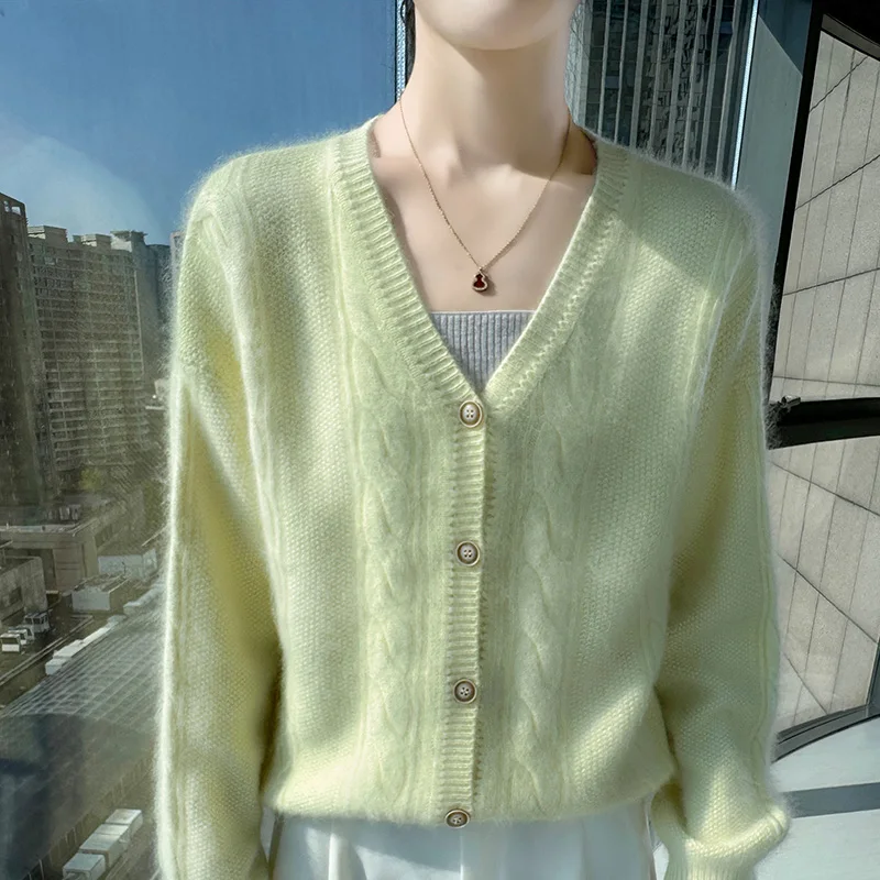 秋冬 Vネック ジャカード ミンクウール ニット カーディガン レディース ジャケット 無地 ボトム アウター ジャケット セーター