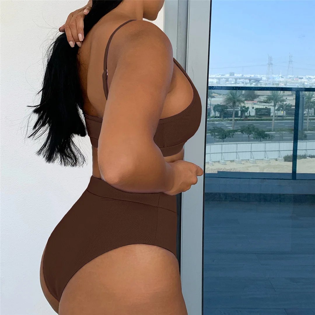 Neuer, gerippter, gepolsterter Bikini mit hoher Taille in 4 Farben, Damen-Badeanzug, zweiteiliges Bikini-Set, Badebekleidung, Badeanzug, Modell V3768. – Detail 10