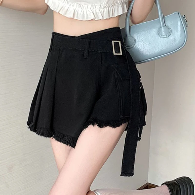 Solid color  denim shorts for female students, new summer high waisted slim irregular design, A-line skirt pants trendy