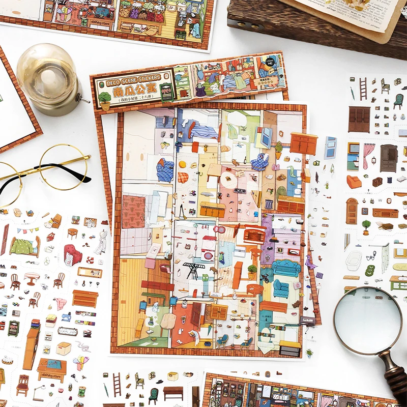 Mr.Paper 3Sheets/Pack My Little House Vol.28 Pumpkin Apartment 2.5D Oversized Scene Stickers, Retro Cozy Home Decorative Sticker