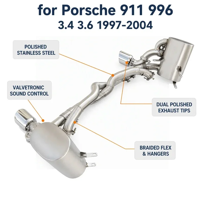 SS304 Center Exit GT3 Style Bolt On Catback Exhaust for Porsche 996 1997-2004 3.4L 3.6L Deep Tone Performance Tuning System