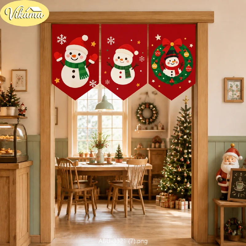 VIKAMA Christmas Fabric Triangle Banners, Cartoon Snowman Pattern Triangle Banner Curtains, Christmas Wall Decor