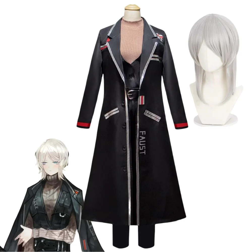 Game Limbus Company Faust Cosplay Costume Wig Black Uniform Top Pants Sinner #2 Trench White Hair No. 02 Work Card for Women Man