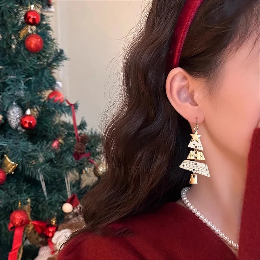 3 Piece Stars Splice Christmas Tree Ear Hook Triangle Long Dangle Fashion Festivals Party Gift Earrings For Women Combo Pack