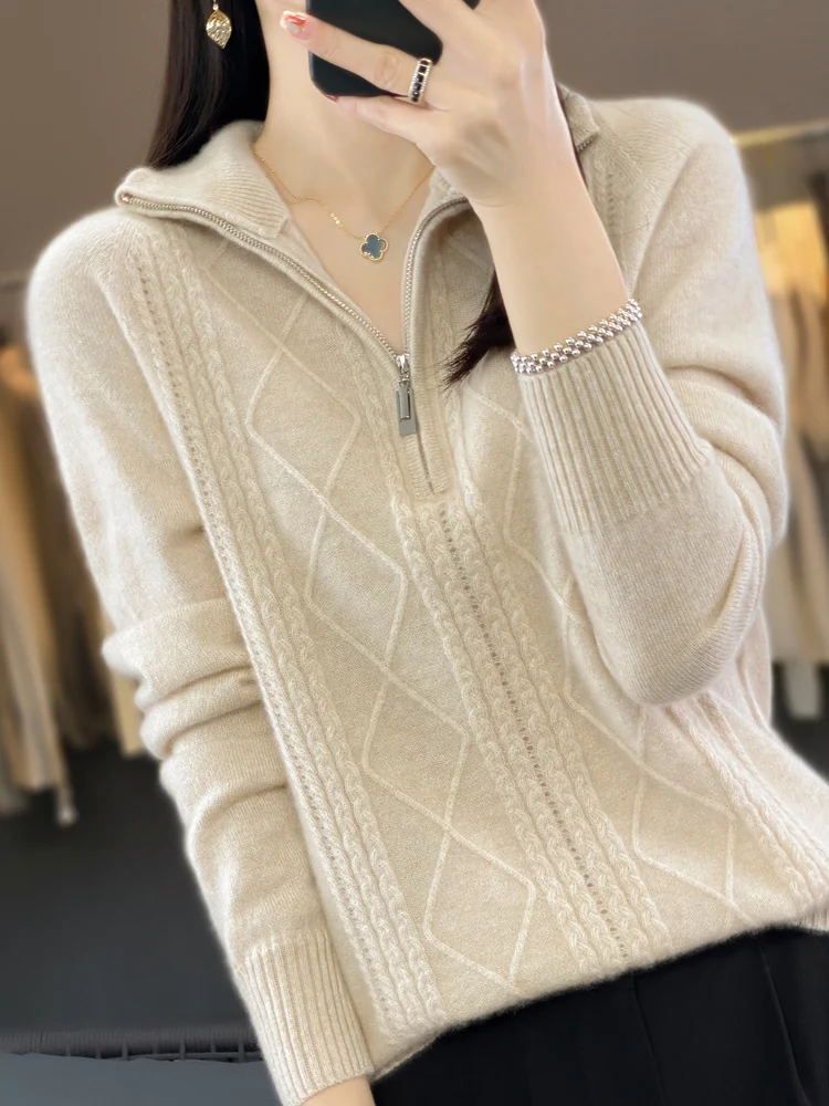 Autumn Winter Women Cashmere Sweater 100% Merino Wool Pullover Half Zipper Turn Down Collar Knitwear Soft Casual Jumper Clothing