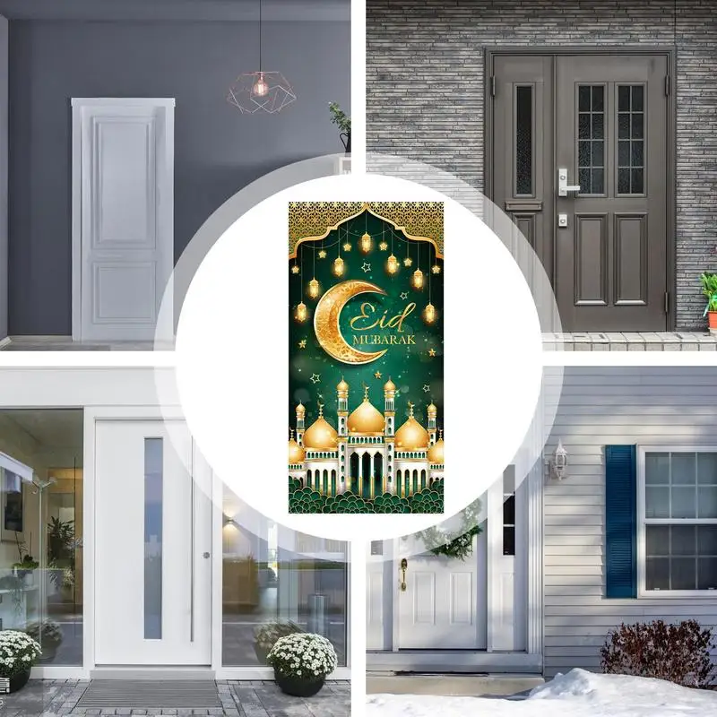Green And Golden Porch Banner For Home 90x180cm Star Moon Lamp Print Religious Blessings Door Poster Waterproof Polyester