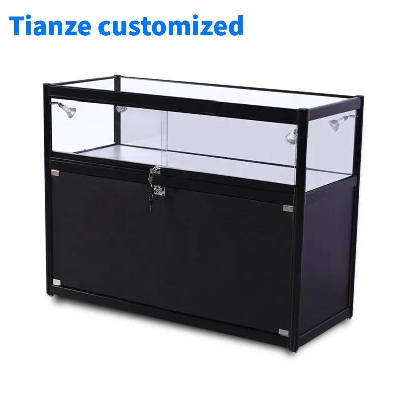 (Customized) factory customized glass display LED light glass display cabinet black aluminum jewellery display cabinet