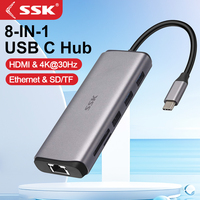 SSK USB C Hub 8-in-1 Type C Multiport Hub 4K30Hz HDMI Adapter with RJ45 Ethernet SD/TF Card Reader USB C Dock for MacBook/Pro