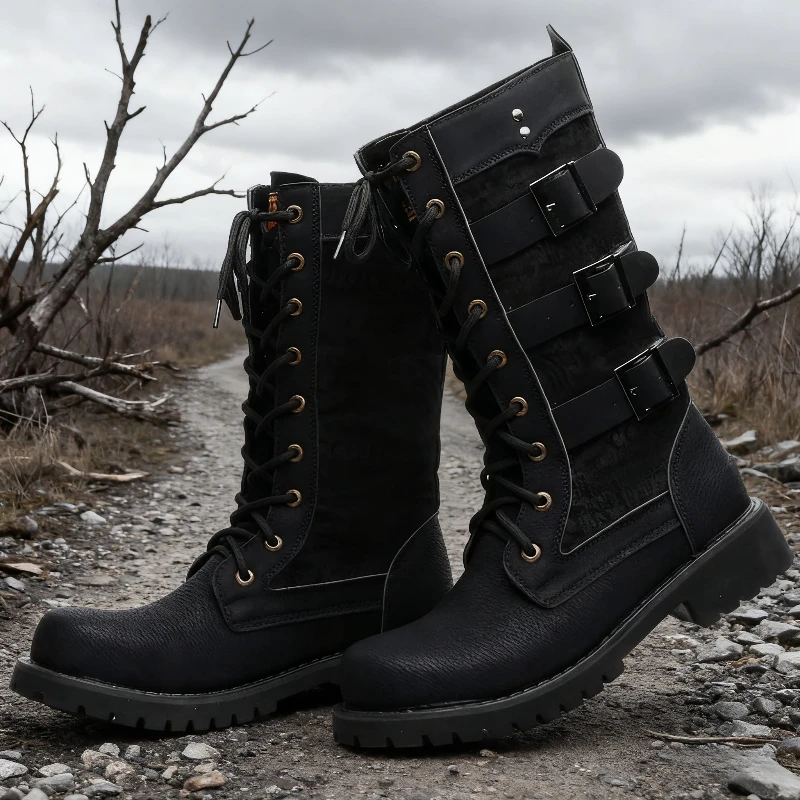 Height-increasing Men's Boots Fashion Buckle Mid-calf Motorcycle Boots Punk Style Male Cowboy Knight Leather Boots Casual Shoes