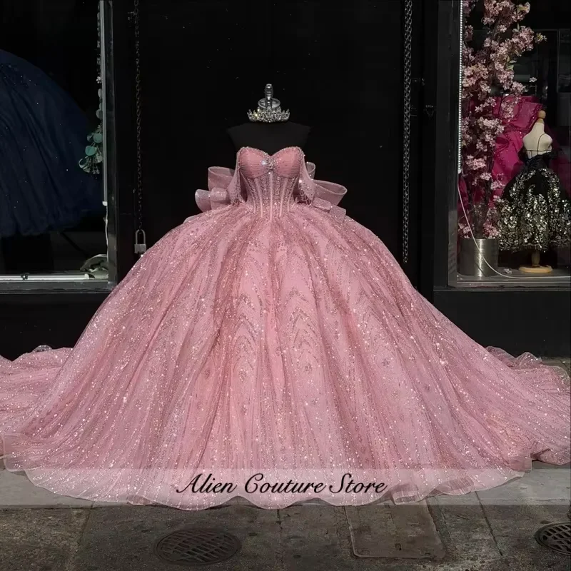 Shiny Pink Ball Gown Quinceanera Dresses Beading Crystal Diamonds Bow Corset Off Shoulder Sweet 16 Dress Customized