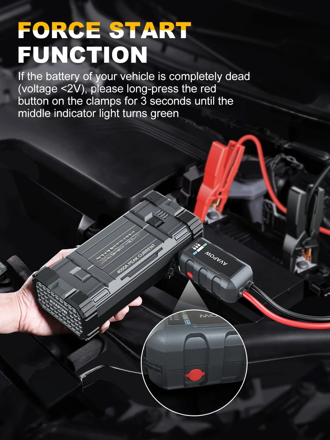 Car Jump Starter, 4000A Peak Battery, Portable Booster Power Pack, 12V Auto Jump Box with LED Light, USB Quick Charge 3.0