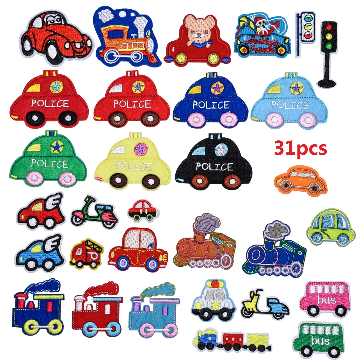 

31Pcs Cartoon Car Train Series iron on Embroidery Patch for on DIY Child Clothes Pants Badge ironing Sew Hole mending Decor