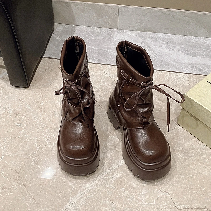 

Женские кожаные ботильоны на массивном каблуке 9 см в стиле панк, новинка 2025, осень-зима, армейская нескользящая мотоциклетная обувь на высокой платформе