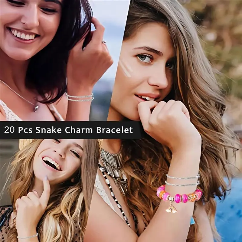20 Pcs Snake Chain Charm Bracelet Chains With Bracelet Helper 3Mm Adjustable Snake Charm Bracelet For Women Gifts Eco-Friendly