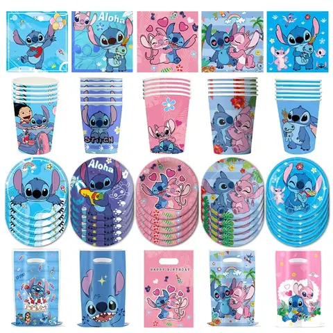 Disney lilo e stitch festa de aniversário decoração menina menino utensílios de mesa descartáveis saco de doces toalha de mesa copo de papel placa suprimentos kit