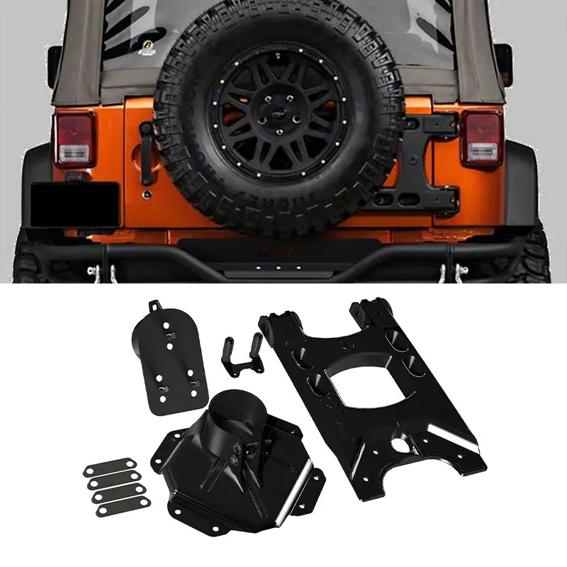 For Off-road Accessories Black Aluminum Adjustable Hinged Spare Tire Carrier Kit For Jeep Wrangler JK 2007-2018