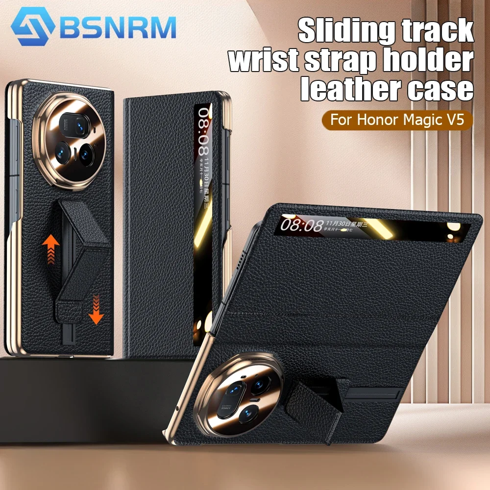 

Чехол для телефона Honor Magic V5, с ремешком на запястье и подставкой, из натуральной кожи, с полной защитой корпуса, черный.