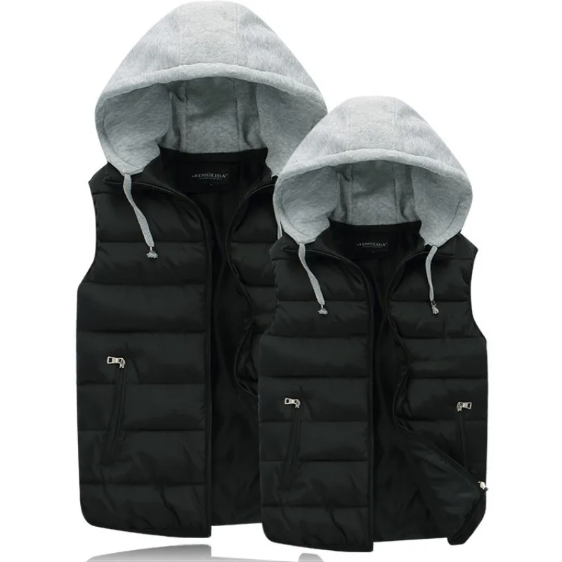 

New Winter Style Men's Spliced hooded Zipper Pocket Fashionable Solid Color Versatile Casual Sleeveless Vest Jacket