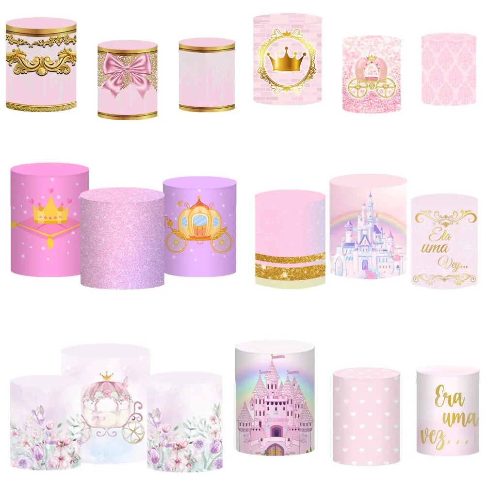 Princess Castle Cylinder Plinth Cover Girl Birthday Party Backdrop Once Upon a Time Photo Background Bridal Shower Pillar Covers