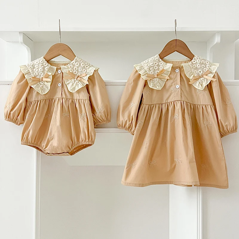 Family Sister Dress Embroidered Bow Outfits Newborn Girls Bodysuits Cotton Lace Collar Infant Baby Girls Dress Jumpsuit Outfits