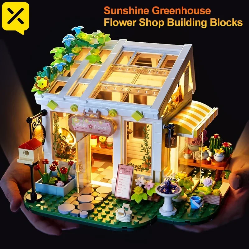 

832PCS Building Blocks DIY Miniature Kit Sunshine Greenhouse Flower Shop STEM Educational Toys Puzzle with Lights Ideal Gifts