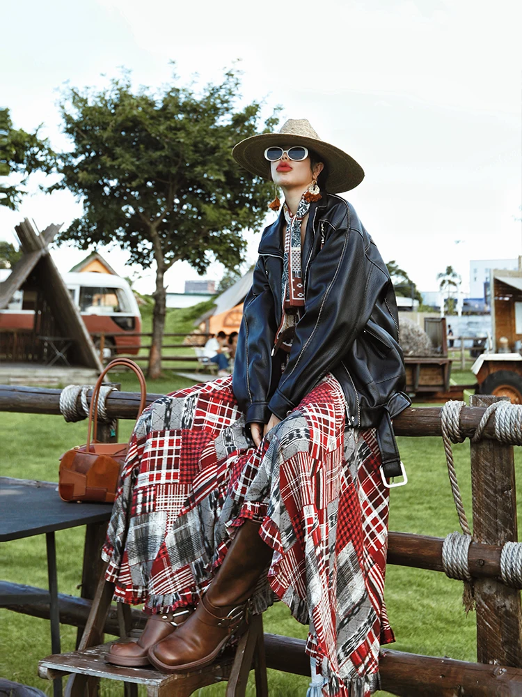 

TIYIHAILEY-Women's Long Maxi Skirt Elastic Waist Layer Plaid Printed Fashion 2025 New Ladies Irregular Autumn Winter Skirts