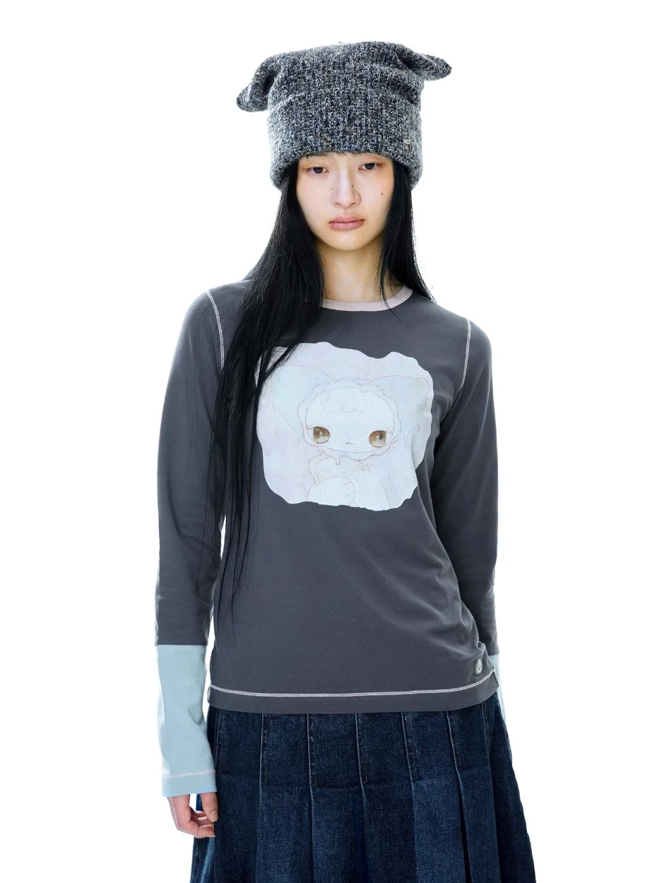 Cseta de Manga Longa com Estampa de Boneca Fena Estilo Vintage Japonês Slimming Top Versátil Respirável gável à Pele