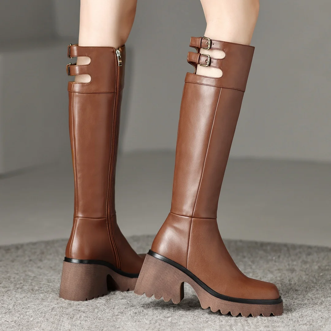 2024 New women\'s genuine leather knee high boots chunky heel platform female long winter boots punk high boots shoes for women