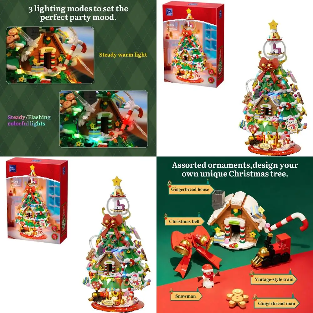 LEDライト付きクリスマスツリーの積み木、ビンテージの電車、雪だるま、ジンジャーブレッドハウス、ミニオーナメント付き - すべてのA向けの祝祭装飾