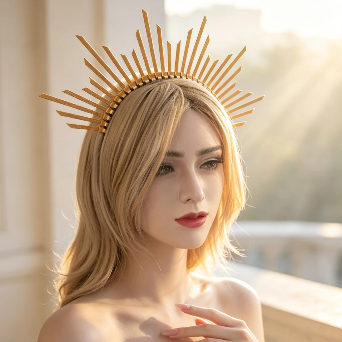 Golden Sunburst Halo Headband, Sun Goddess Crown Headpiece, Wedding Cosplay Party Photoshoot Hair Accessories - view 3