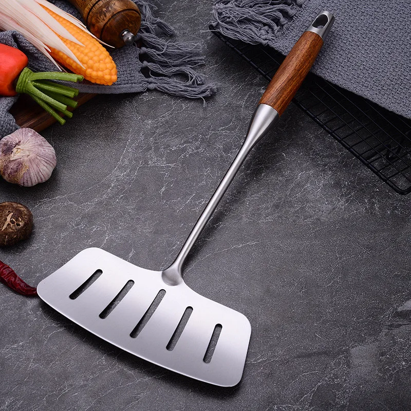 1PC Stainless Steel Fish Frying Spatula Egg Pan Scoop Nonstick Long Wood Handle Steak Slotted Flat Shovel Kitchen Cooking Tools