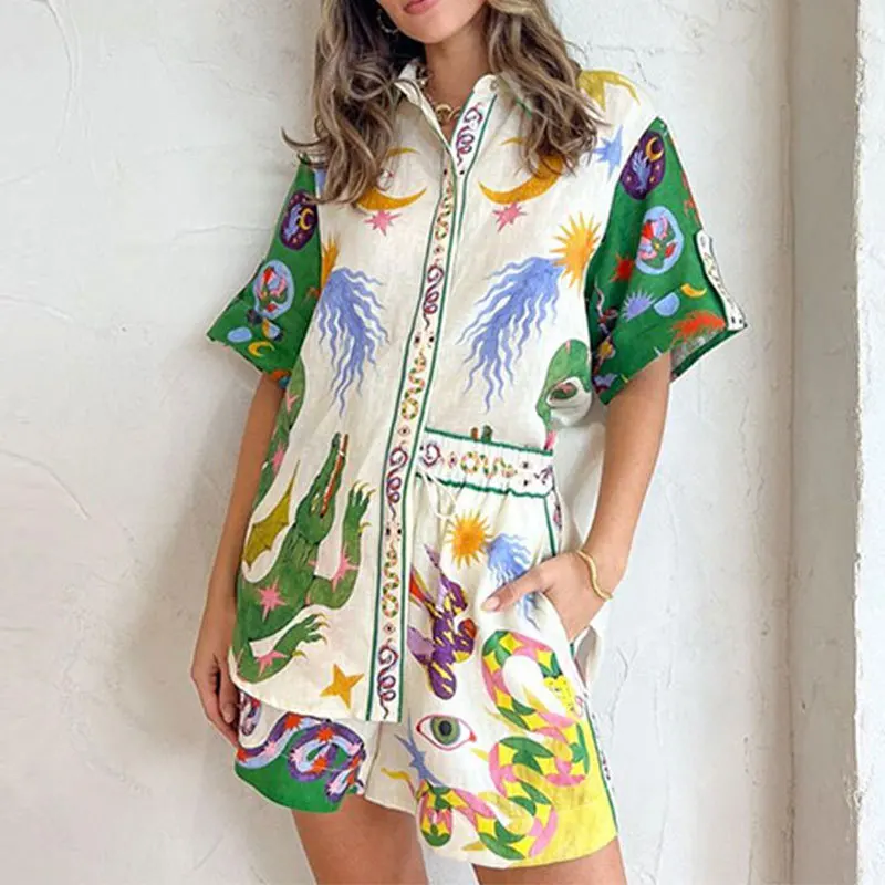 High Quality 2024 Summer Temperament Commuting Printing Three Quarter Sleeve Casual Women Shirt Blouses Fashionable Shorts Set