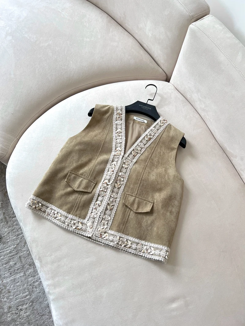 

Retro Chinese Sle Embroidered Lace Frills Casual Worn Floing Se Clothes Women's Vest Jaet Polyester Fiber V-ne ...