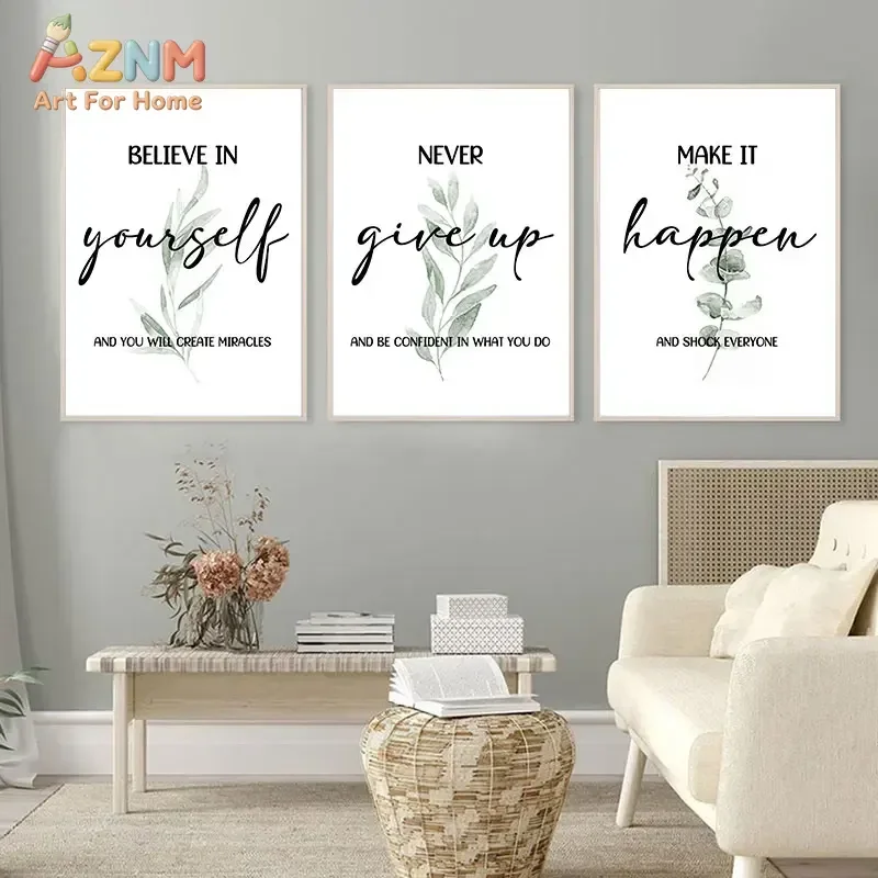 AZNM Eucalyptus Leaf Inspirational Quote Canvas Poster Dream Big Stay Positive Wall Art Print Office Home Decor Unframed Paintin