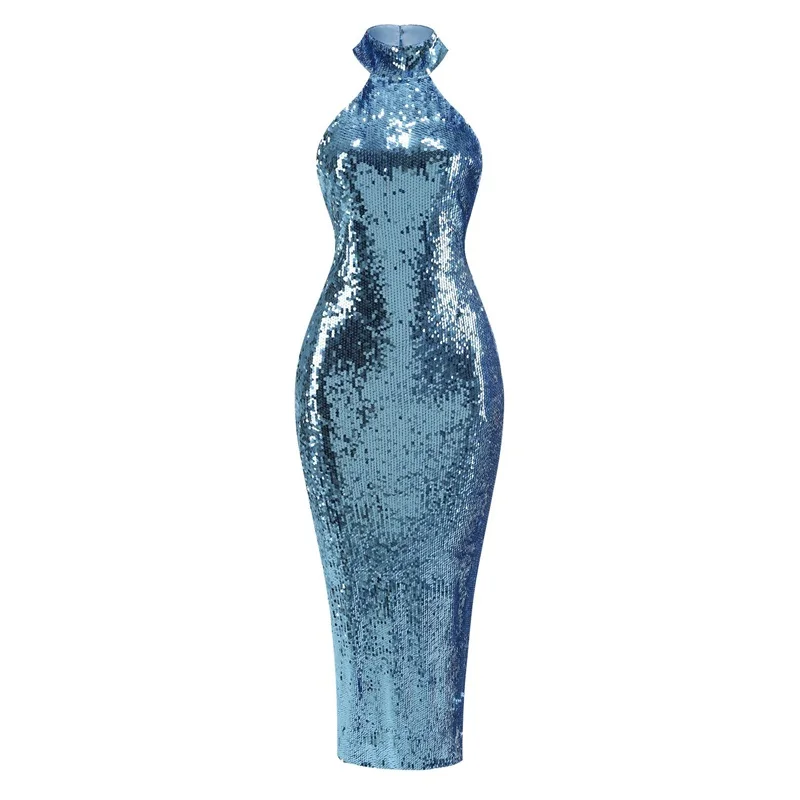 Baby Blue Sequins Sheath Evening Dress Sexy High Neck Sleeveless Hollow Split Long Robe Formal Birthday Glitter Party Prom Gown image 3