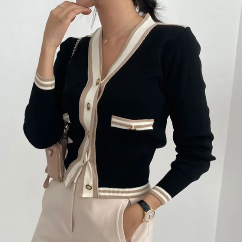 Chic Autumn Winter Vintage Simple V-ne Color Blo Ele Metal Button Long Sve Knitted Open Cardigan Sweater