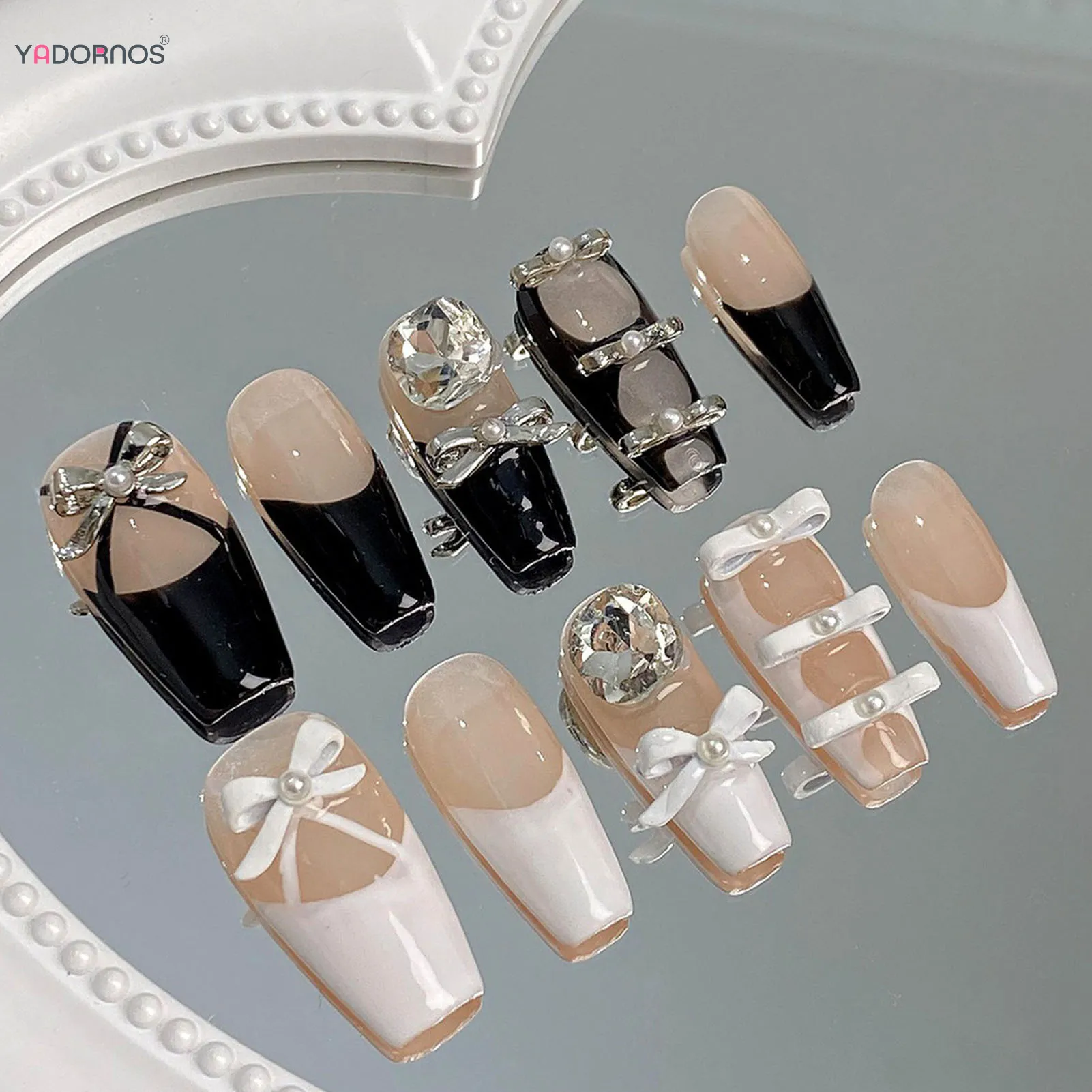 화이트 발레 가짜 손톱, 3D 나비 매듭 디자인, 웨어러블 가짜 손톱 팁, 다이아몬드 장식, DIY 매니큐어, 블랙 프렌치 프레스