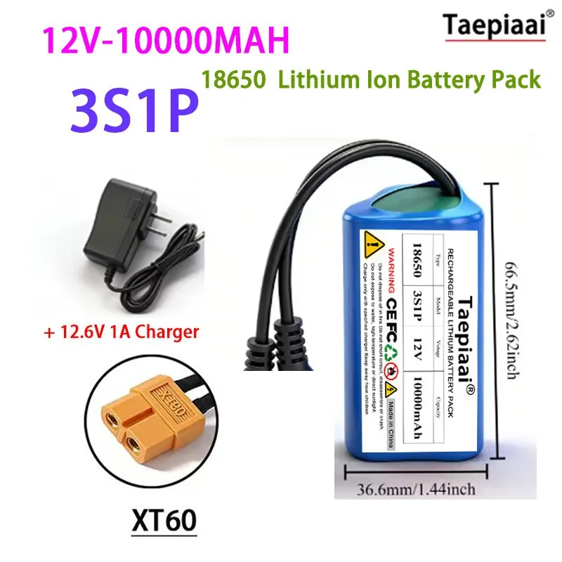 

3S1P 18650 Li-Ion Battery Pack 12V 10Ah Built-in BMS Large Capacity Safe Reliable with 12.6V Charger & Connectors
