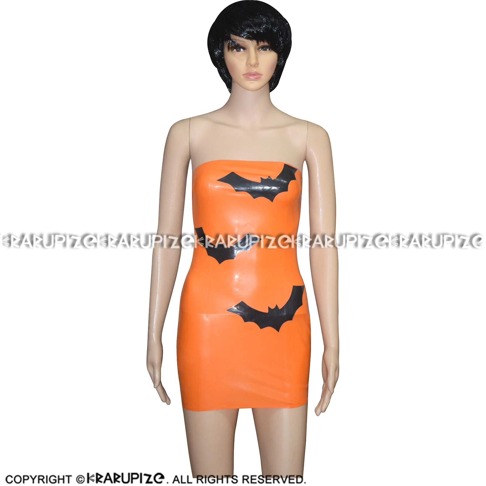 Halloween Orange And Black Bats Sexy Strapless Latex Rubber Pencil Dress Tube Top Without Zipper Bodycon Playsuit LYQ-0041