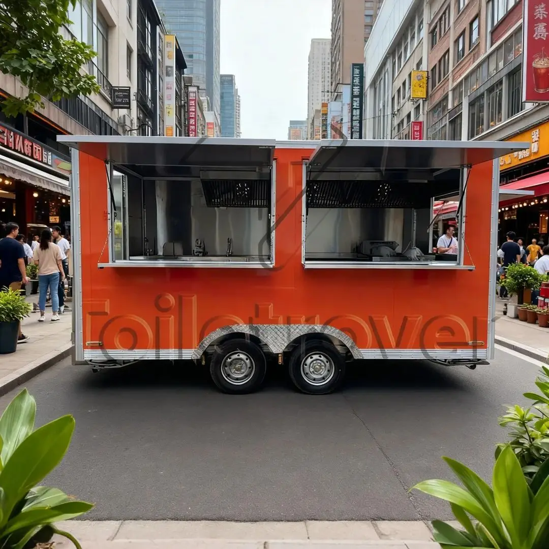 

Orange Square Food Trailer, Must-Have for Outdoor Market Stalls, Movable and Portable Catering Cart, High-Appearance