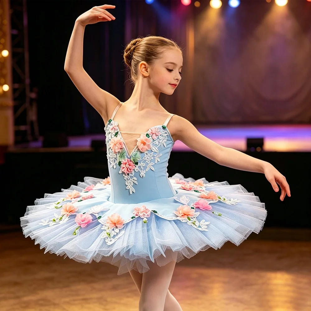 

Women's Sky Blue Ballet Tutu Dress with 3D Floral Applique Professional Performance Swan Lake Dance Costume for Girls & Adults