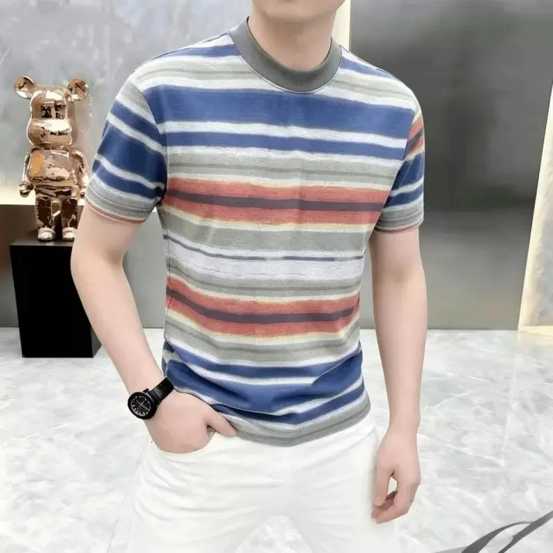 Summer Rainbow Striped Short Sleeved T-shirt for Men Round Neck Versatile Casual T-shirt Streetwear Social Breathable T-shirt