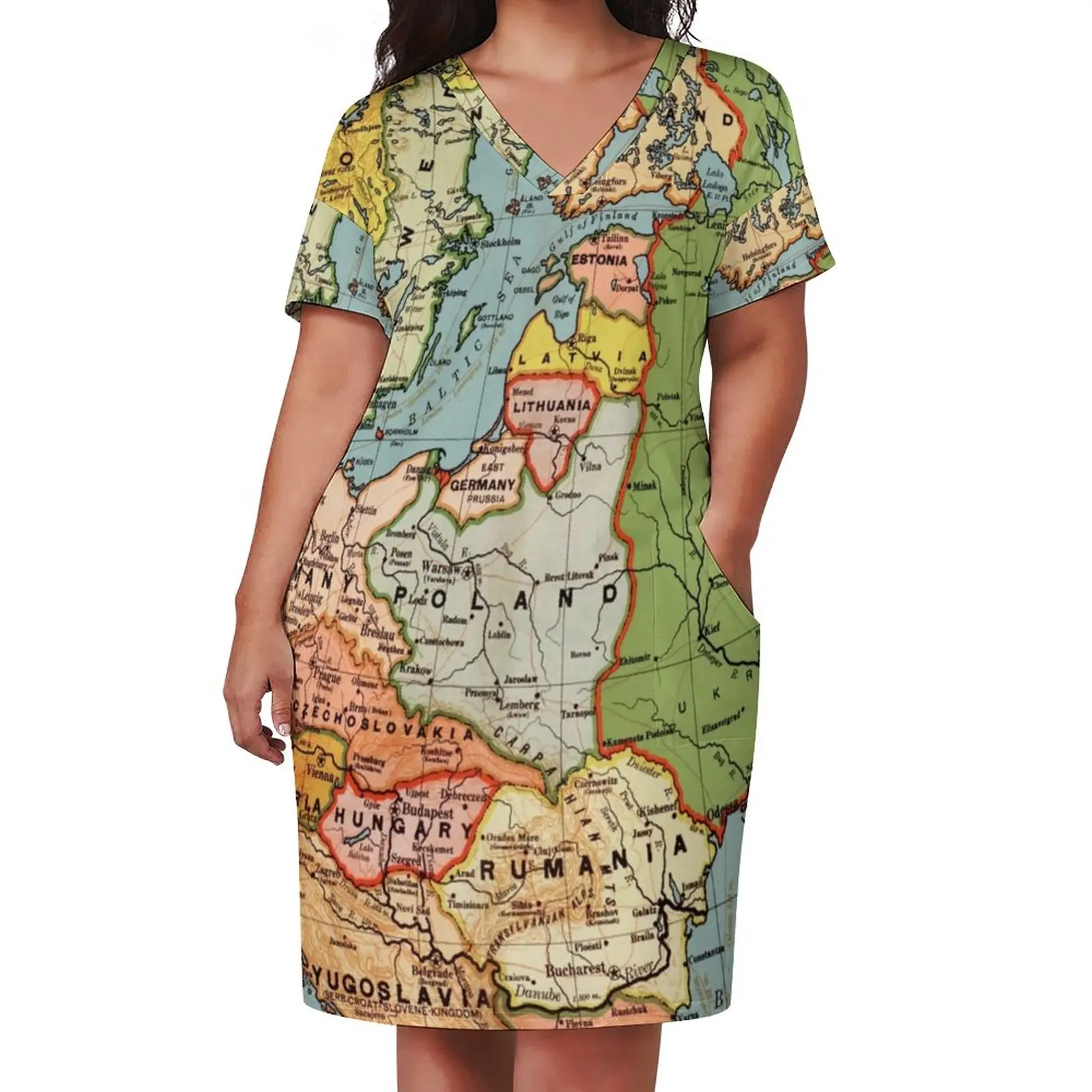 Vintage Map of Europe Dress V Neck European Map Retro Dresses Women Aesthetic Print Casual Dress With Pockets Plus Size 4XL 5XL