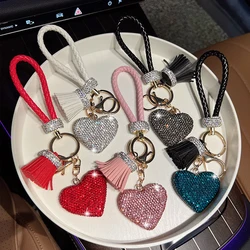 Fashionable diamond studded heart-shaped keychain, cute woven rope, tassel, car keychain, exquisite peach heart gift pendant