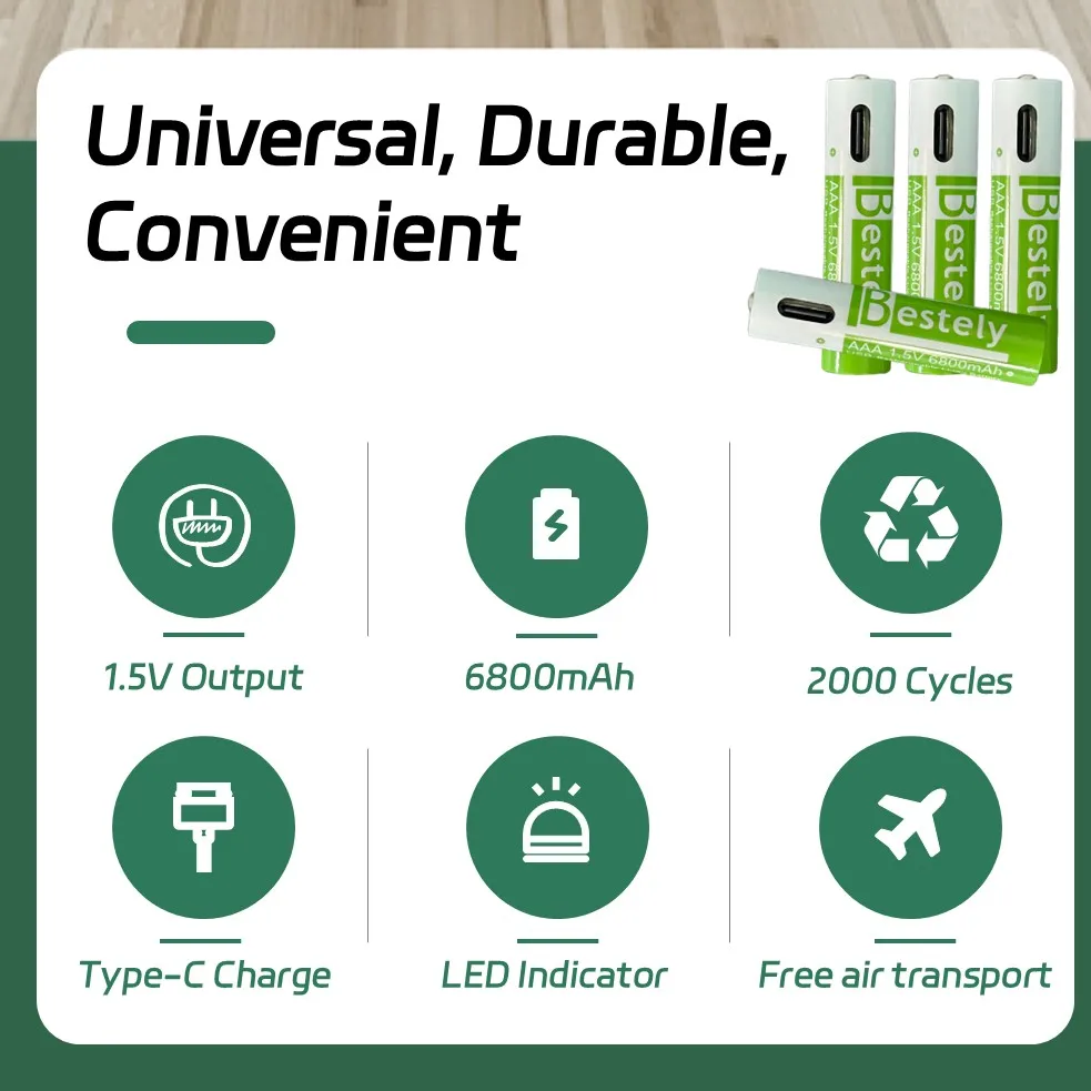 Li-ion AAA Rechargeable Battery 6800mAh Long-lasting Triple A Batteries with Type-C Cable for Electronics and Emergency Gear