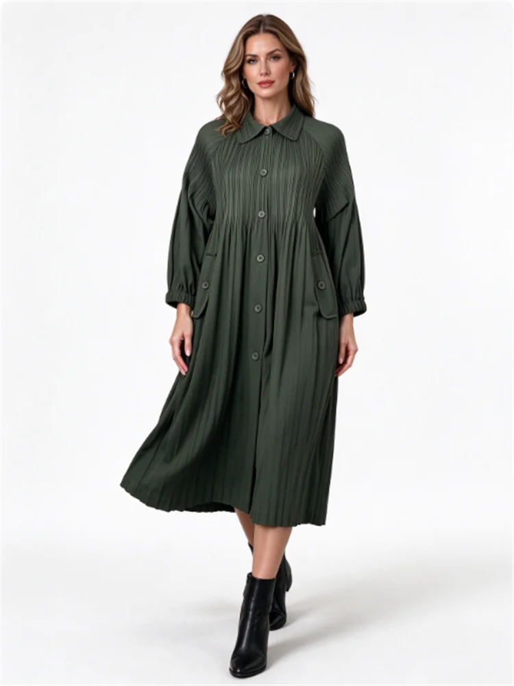 Miyake Women Dark Green Pleated Shirt Dress, Button Front Loose Midi Dress, Casual Office Dress