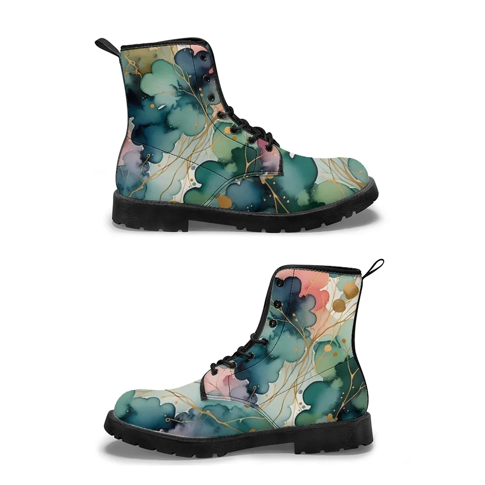 

Watercolor lotus leaf print black mid-calf boots, casual and stylish street-style boots for men and women.