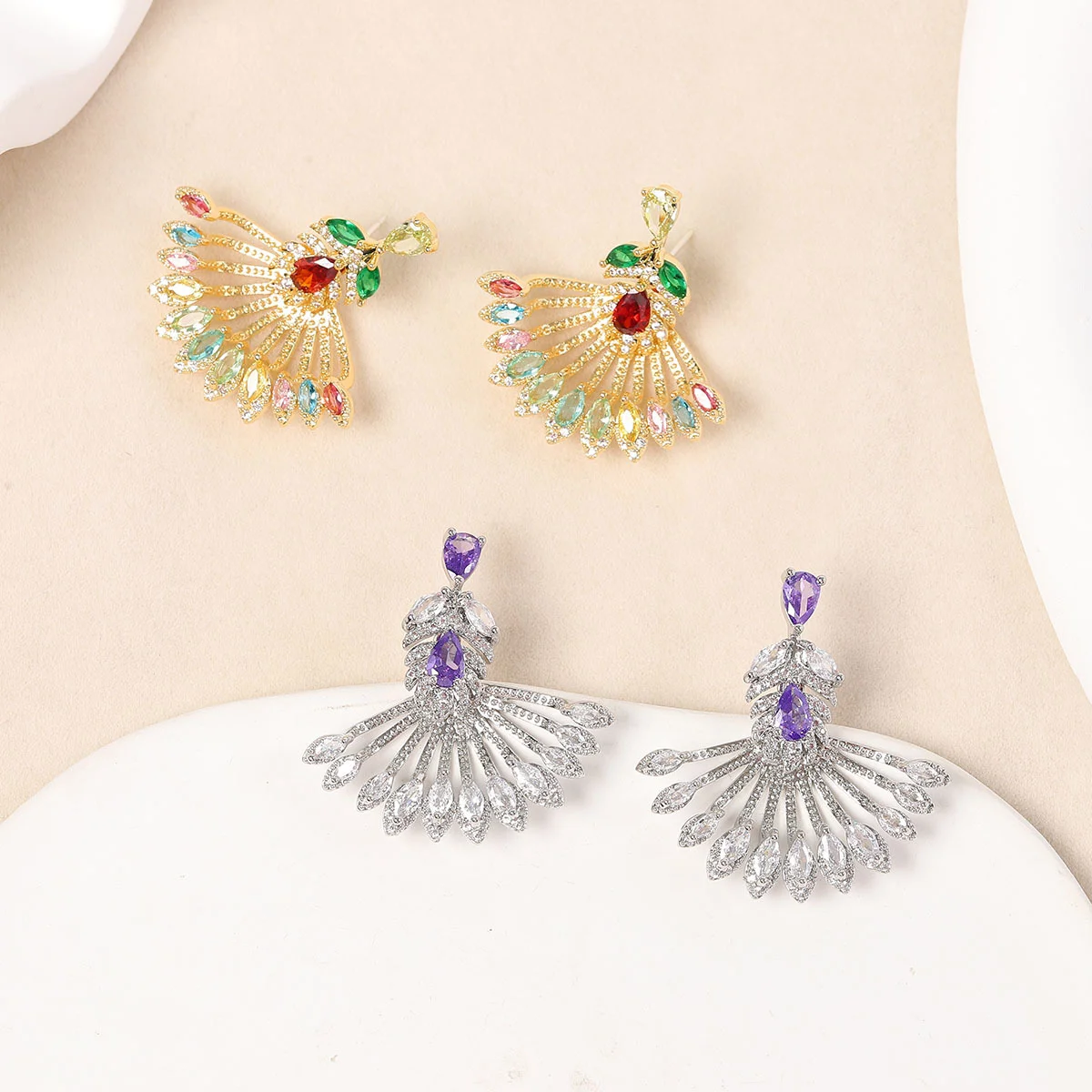 925 Silver Needle Luxury Peacock Feather Fan Shape Drop Earrings, Elegant Party Statement Jewelry Gift for Women